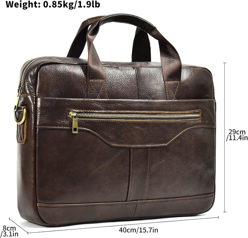 SAIION Genuine Leather Briefcase for Men, Laptop Computer Shoulder Bag With Strap, 15.6 Inch Business Travel Work Handbag - Image 2